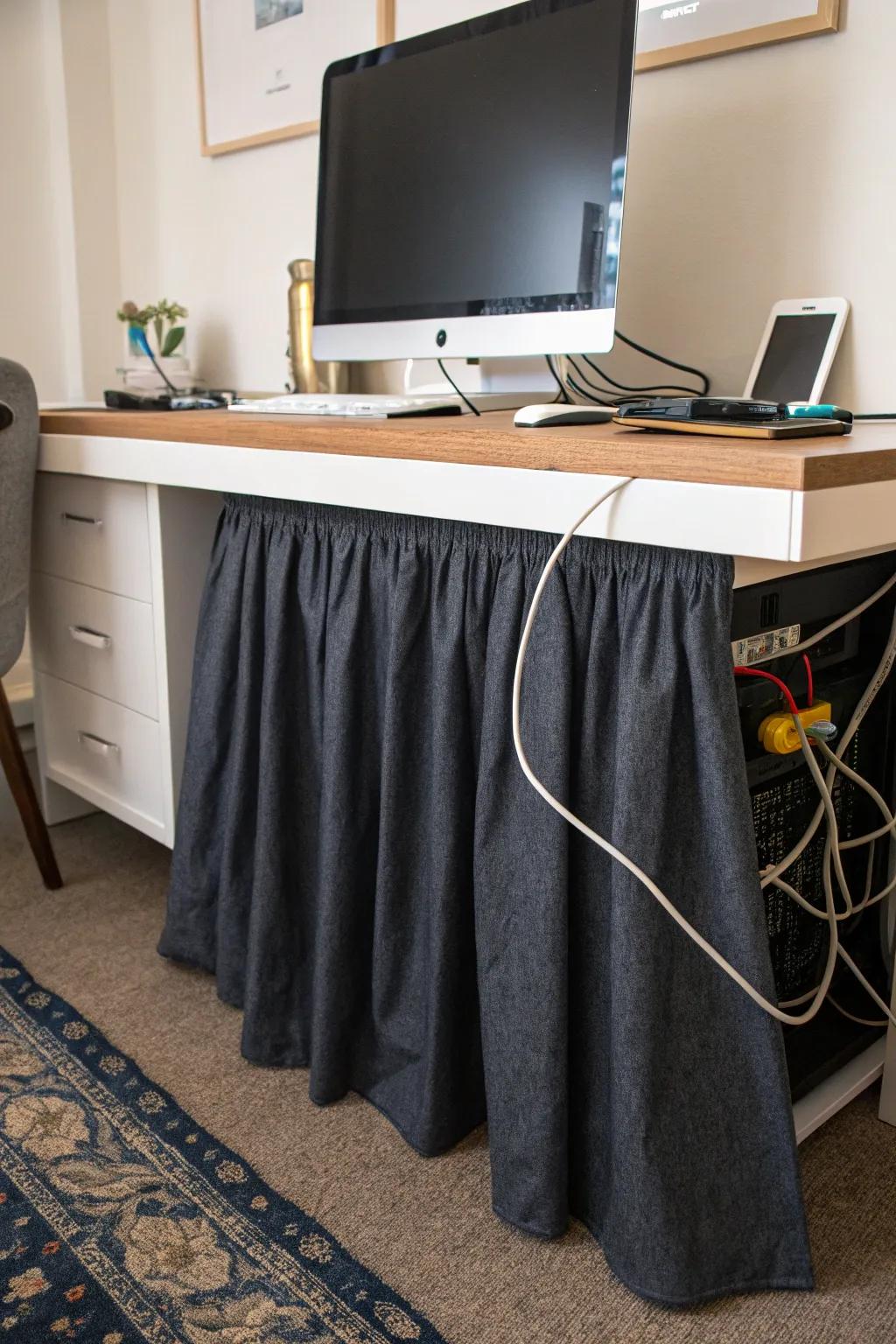 Desk skirts hide cables, ensuring a sleek workspace.
