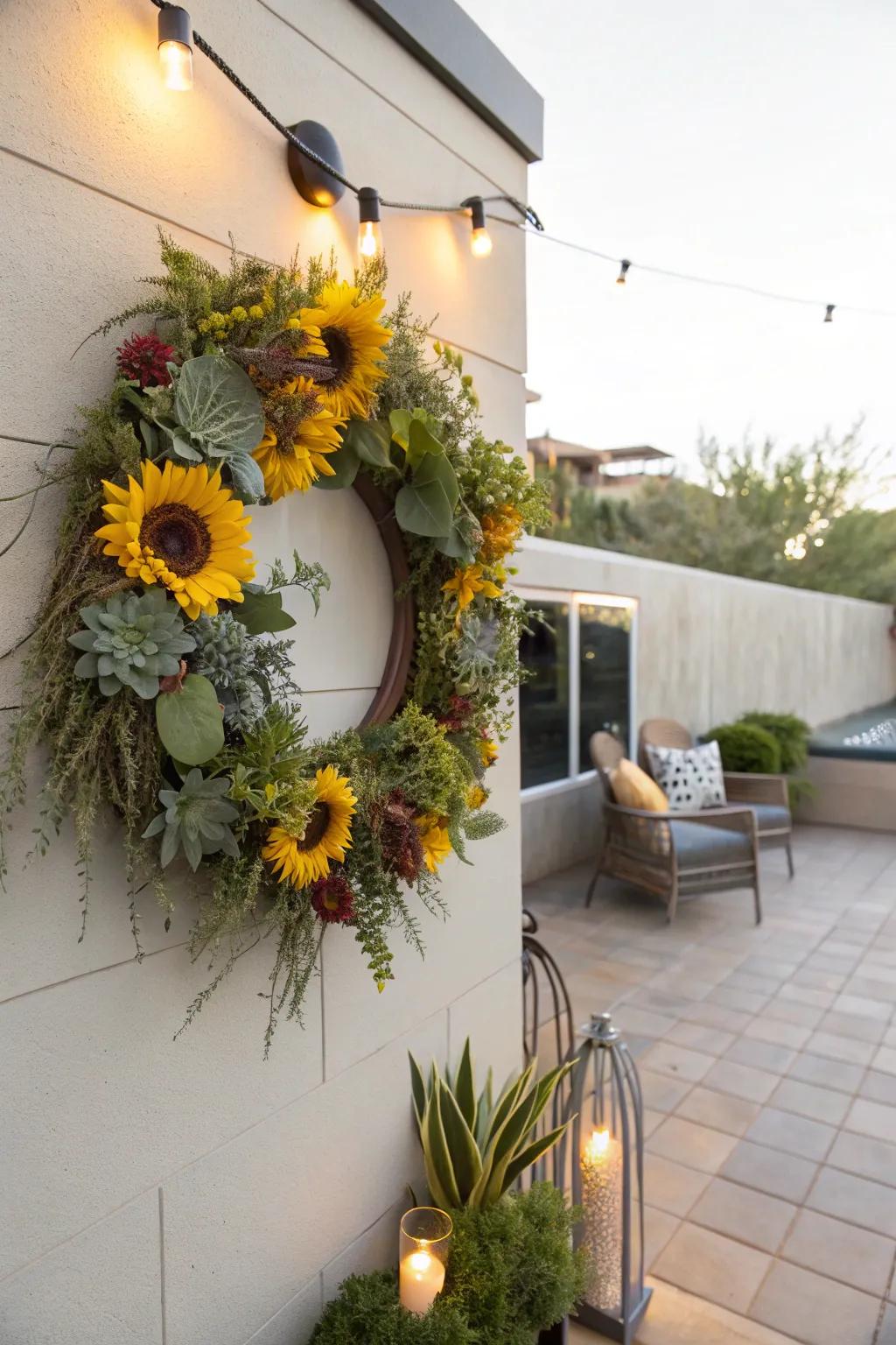 Modern meets nature with a sunflower and succulent wreath.