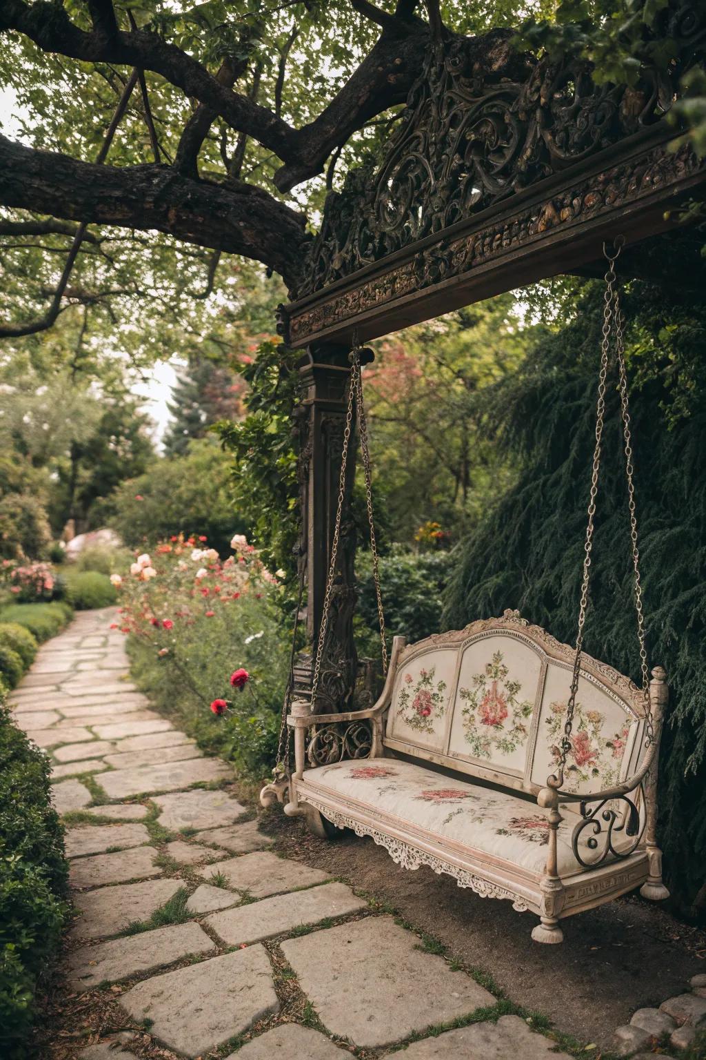 A classic-inspired swing introduces historical charm to the garden.