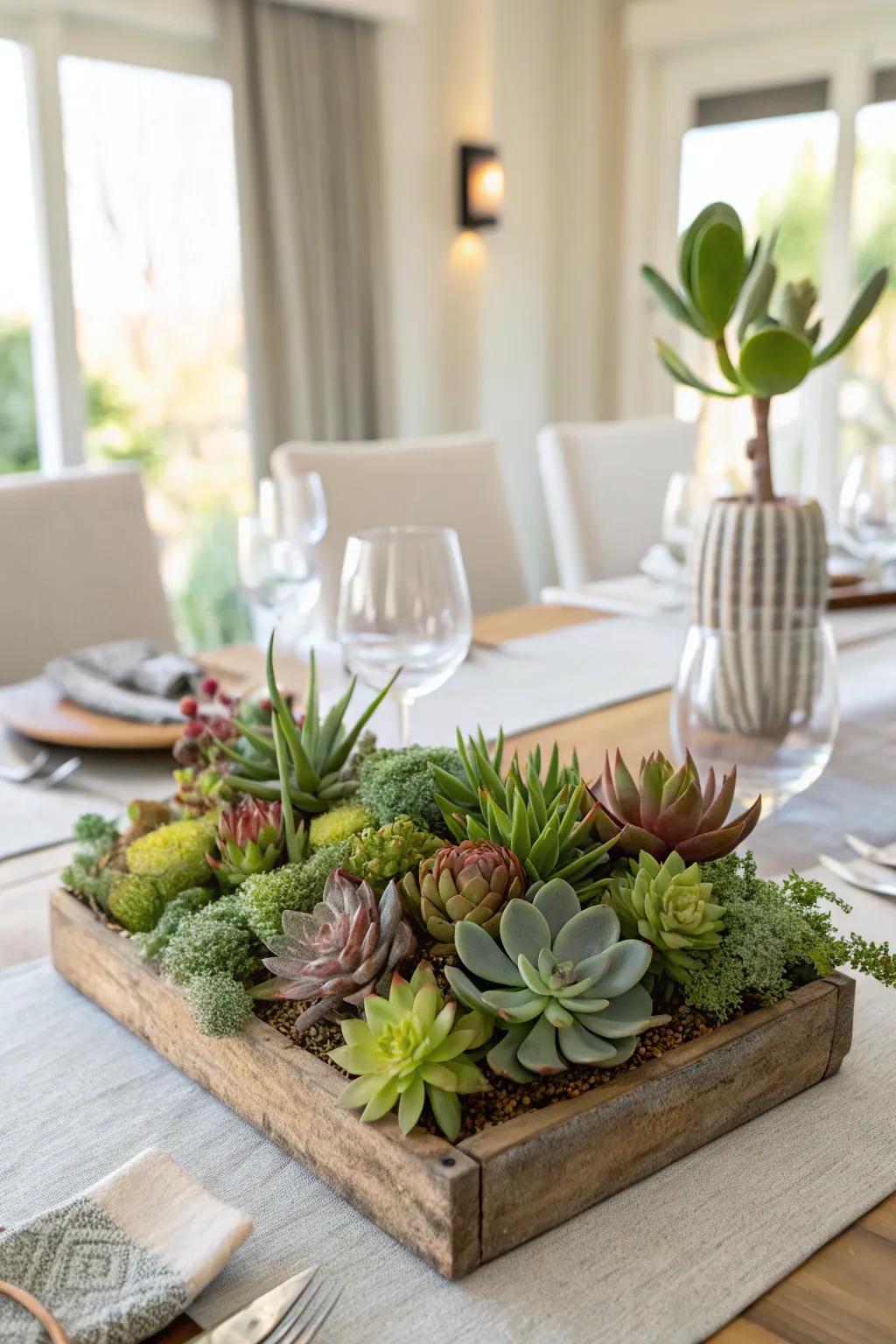 A sustainable centerpiece featuring a succulent garden.