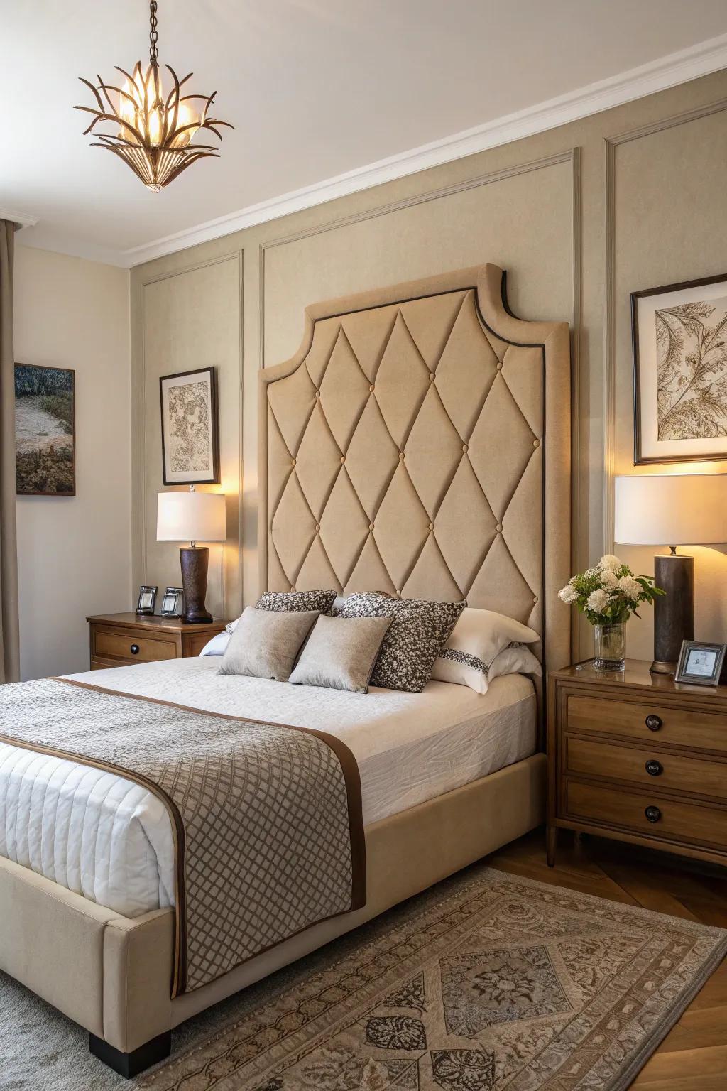 A bedrest elevates the tan room's vogue.