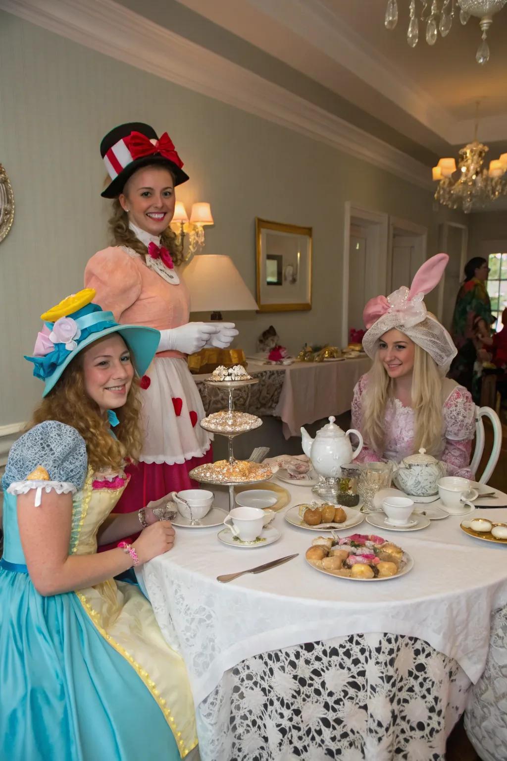 Fanciful attire adds a playful and creative touch to the tea party.