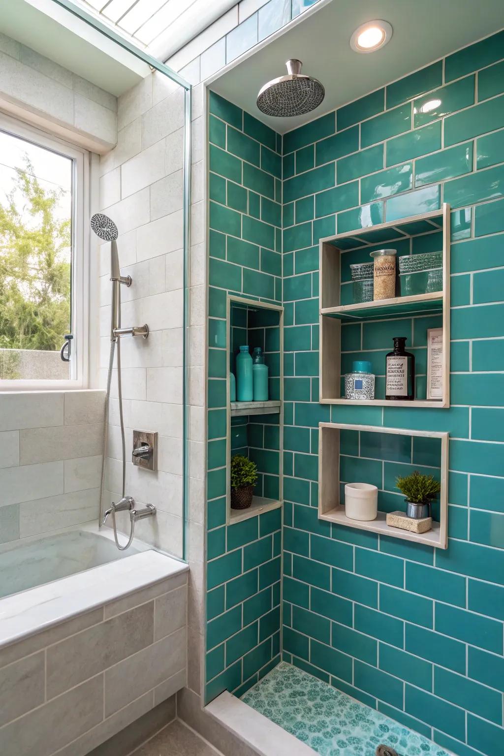Teal tile niches incorporate practical storage and style to your shower.