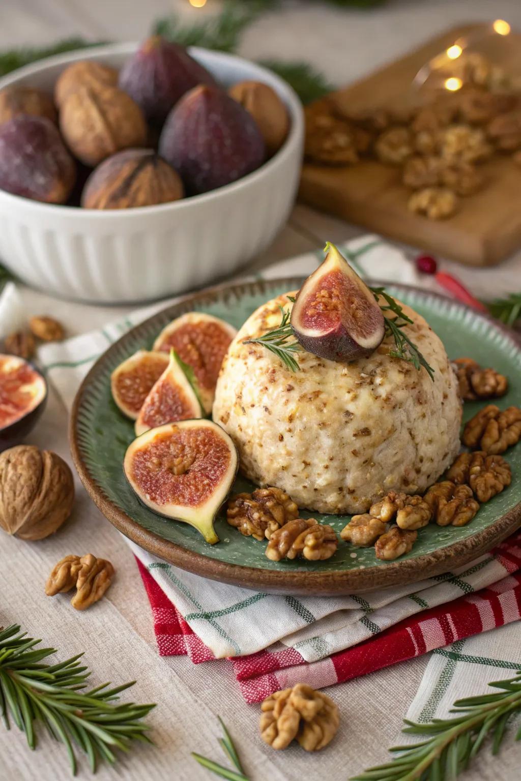 A festive honeyed fig and walnut cheese ball, radiating celebratory allure.