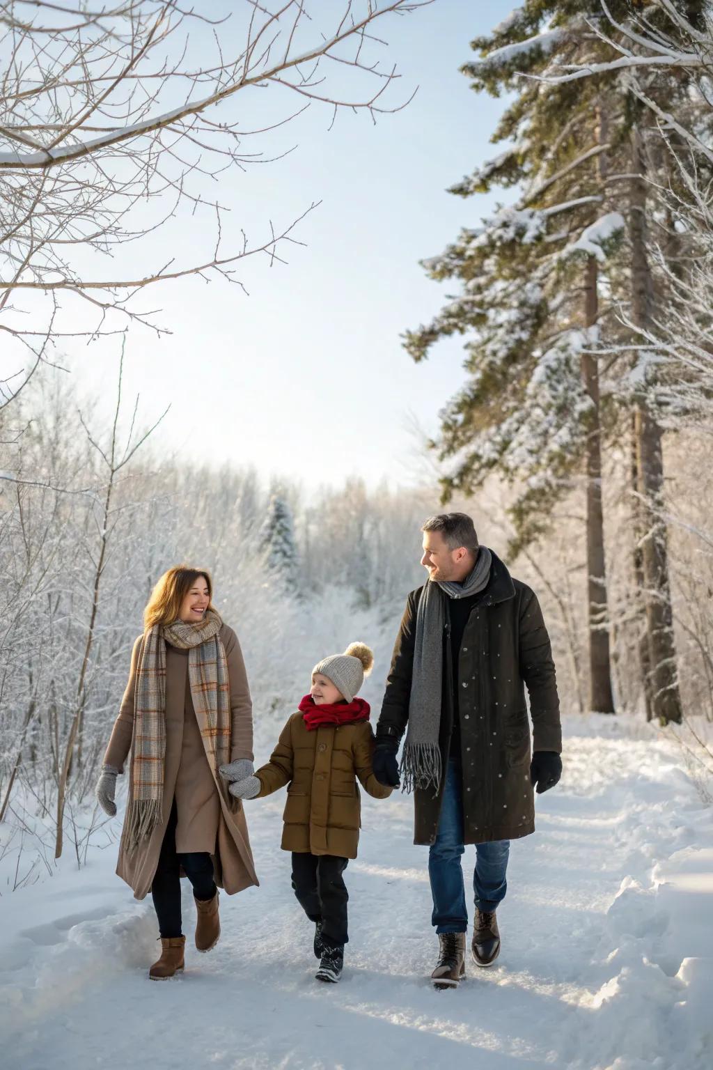 Family bonding time during a scenic walk.
