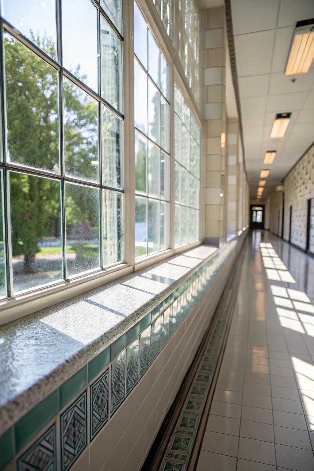 Reflective glass tiles enhance natural light, brightening up this hallway windowsill.
