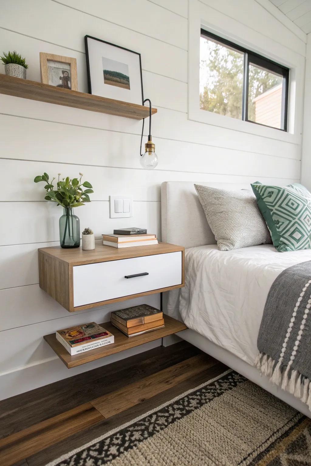 A nightstand that floats offering a sleek way to save space.