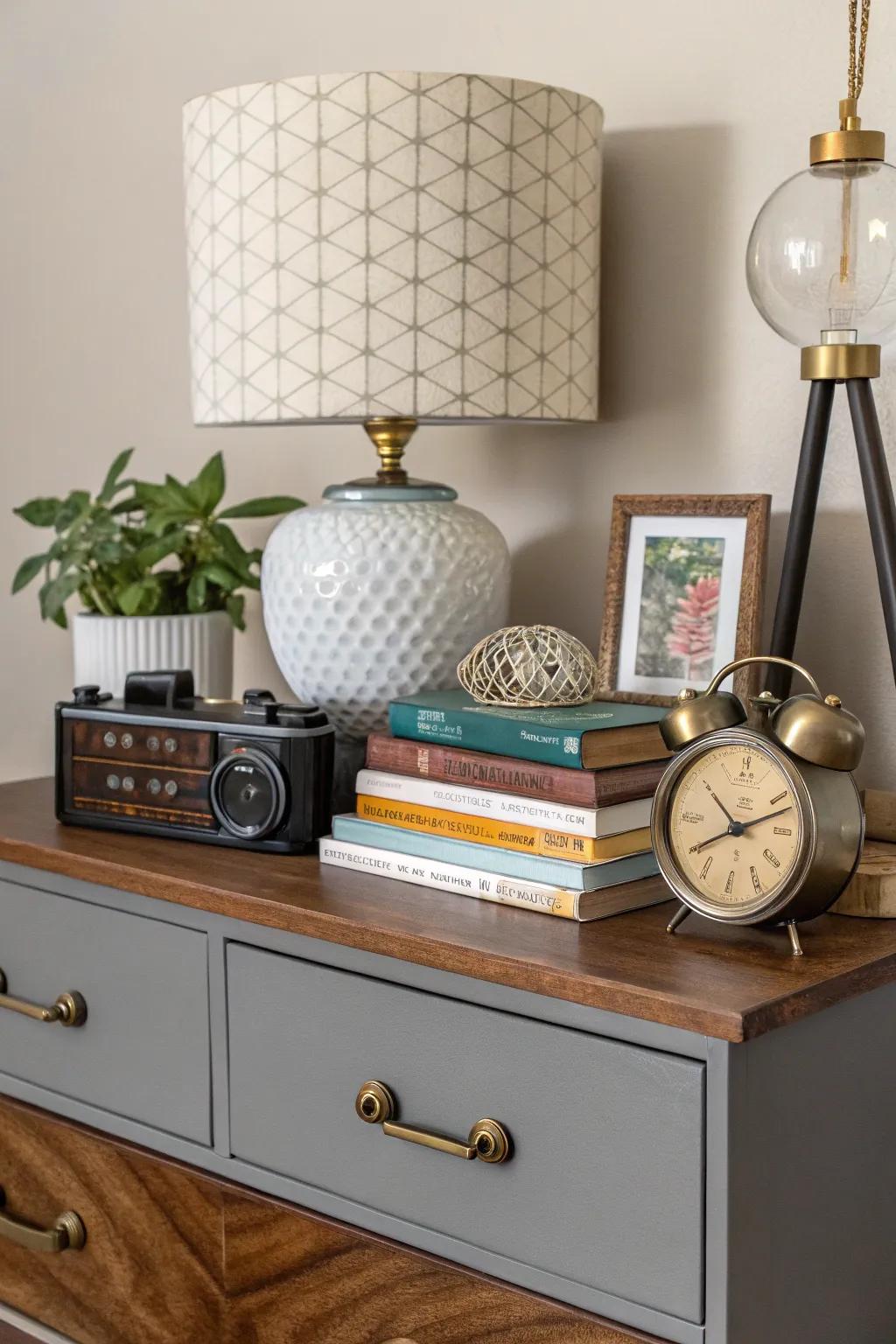 An eclectic mix of decor elements adds personal flair to a dresser.