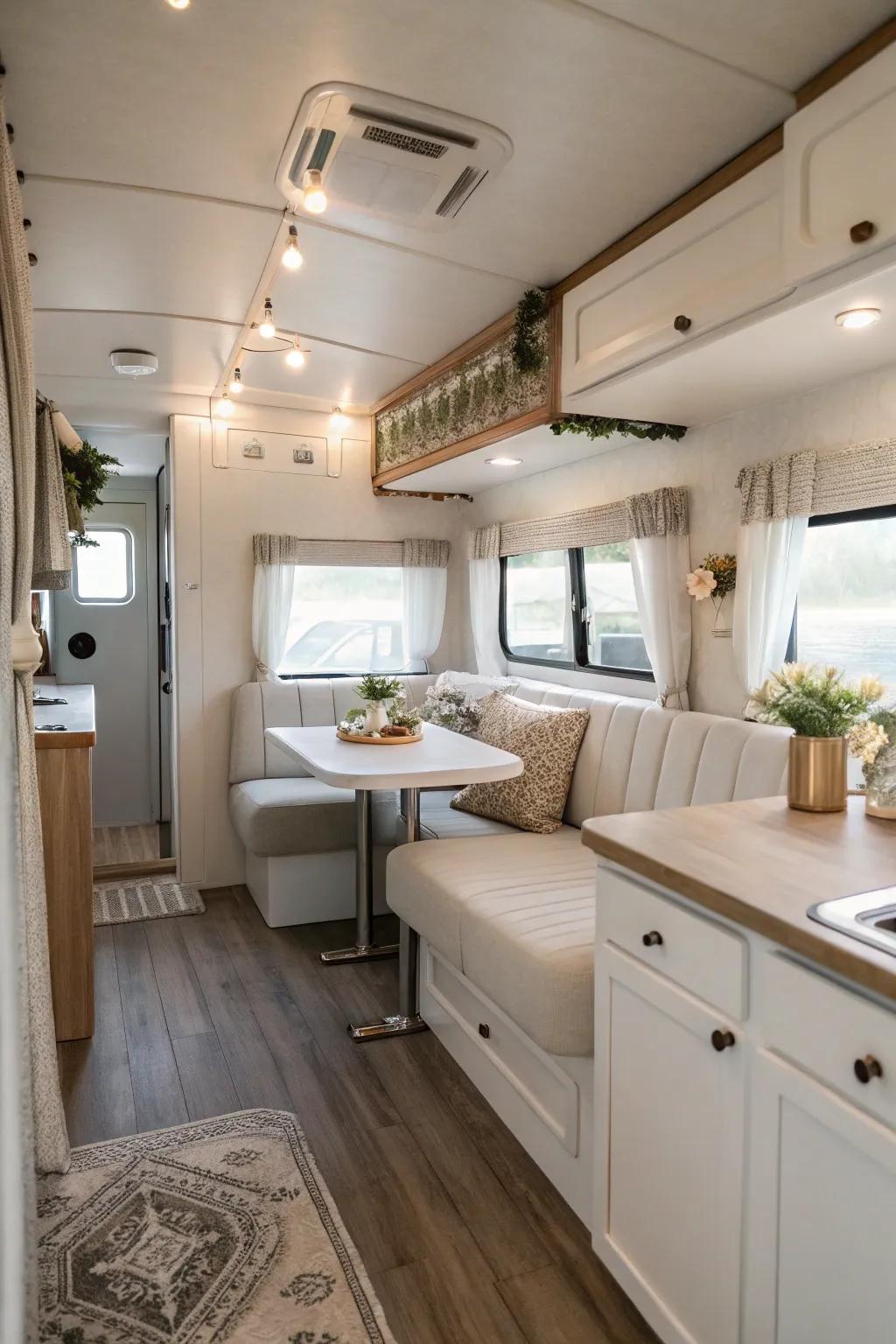 A camper interior designed with effortless elegance, featuring clean lines and subtle decor.