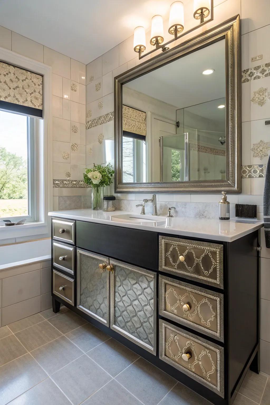 A bathroom vanity with personalized tiles and finishes for a unique, stylish look.