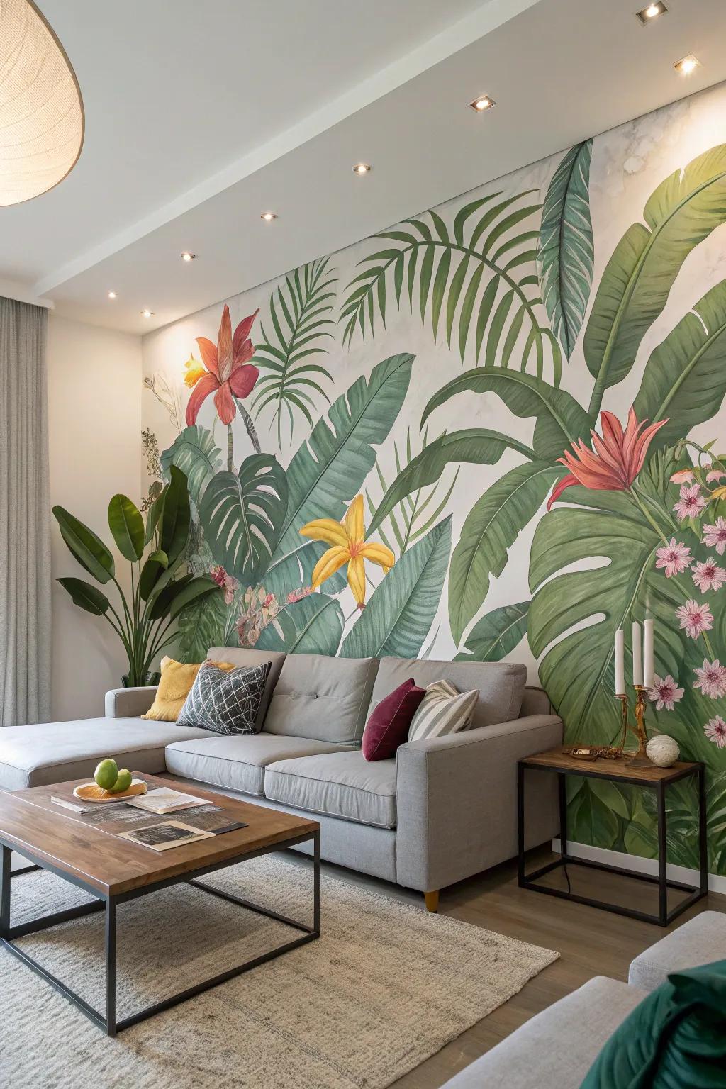 Tropical murals constitute a bold declaration in any chamber.