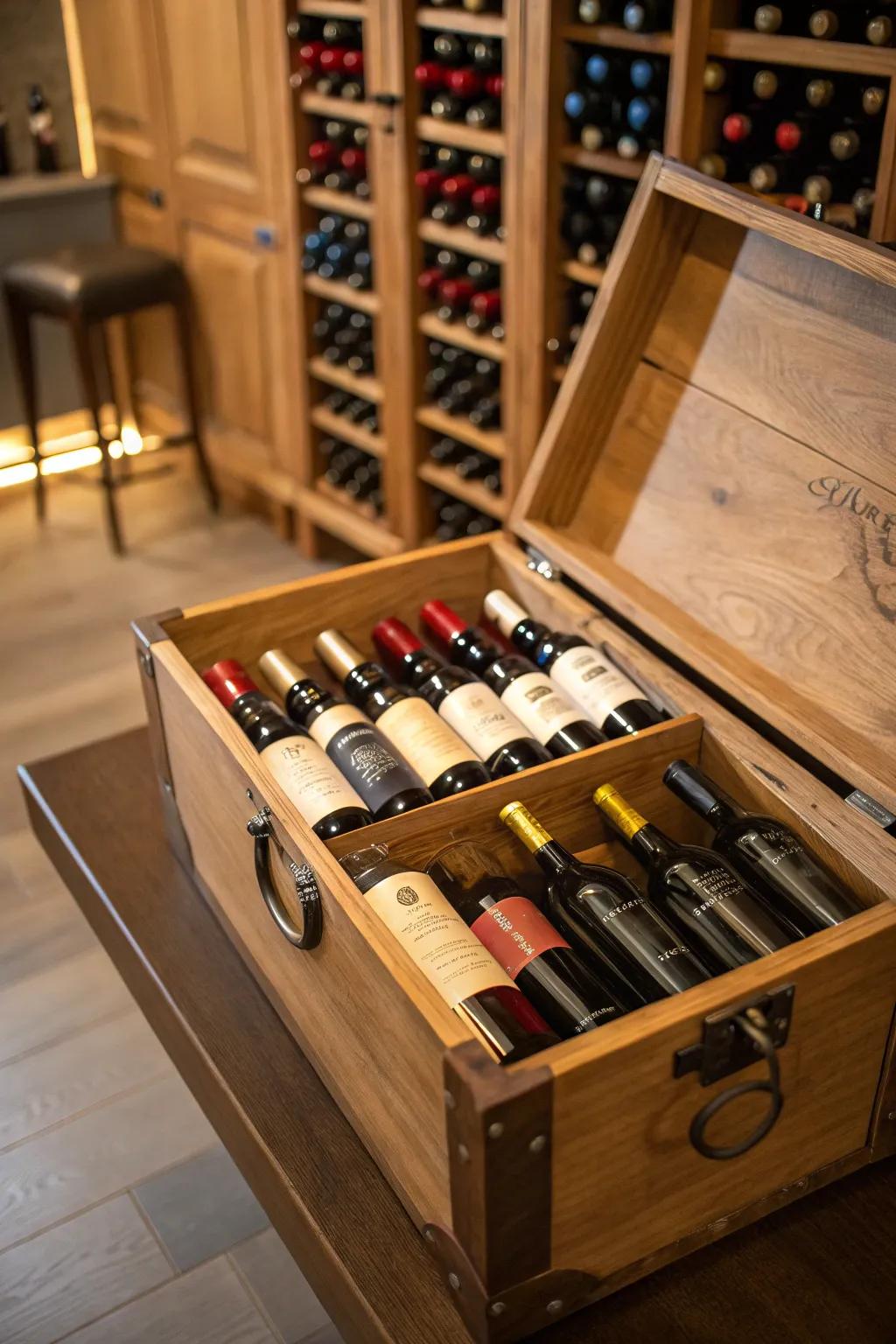 A trunk repurposed as an innovative wine cellar, perfect for any wine connoisseur.
