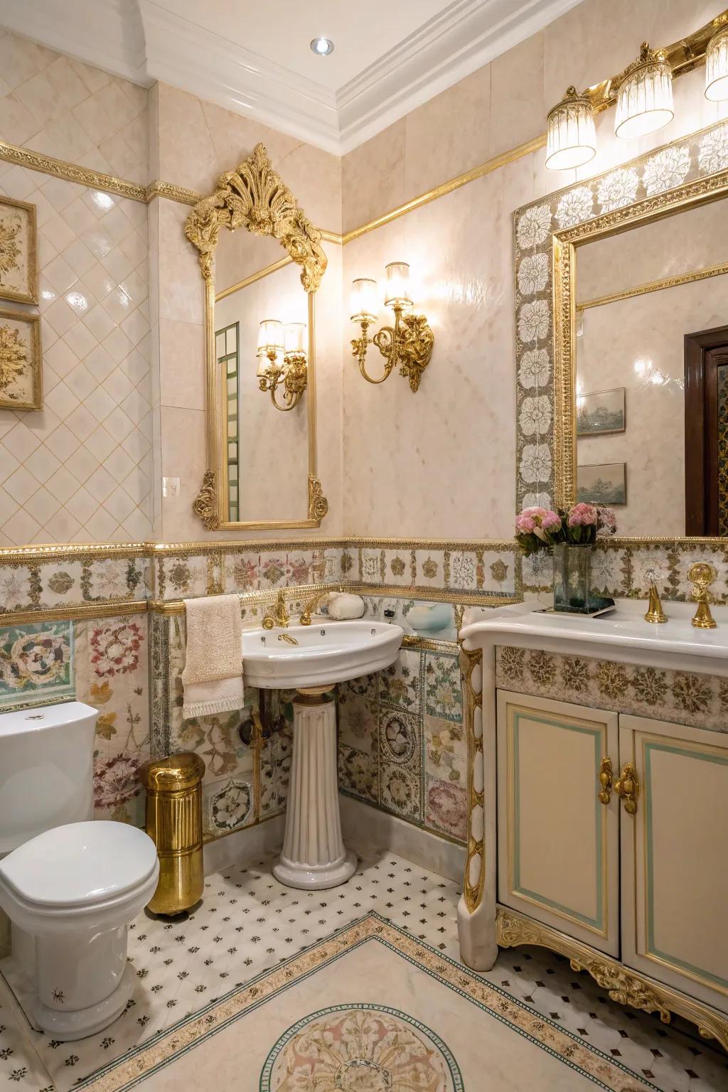 Vintage glamour with ornate fixtures and classic tiles establishes a timeless bathroom.