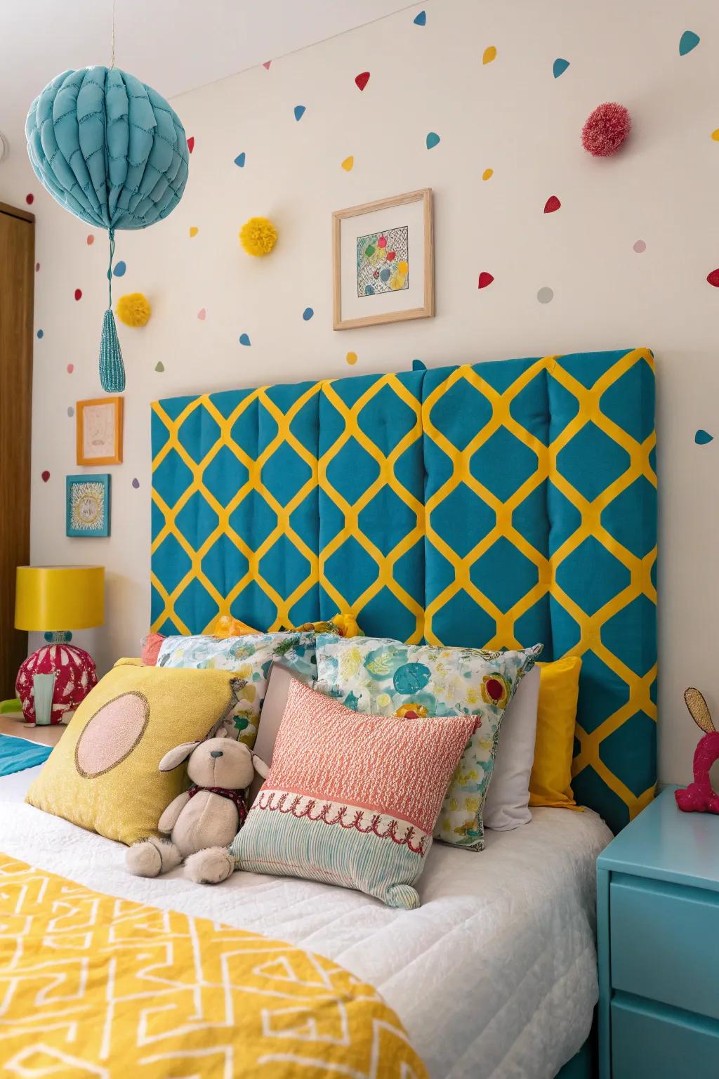 A whimsical bedroom features a playful tufted headboard.