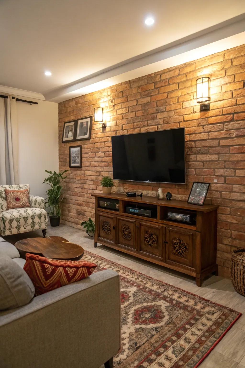 Vintage brick imparts character and warmth to this TV feature wall.
