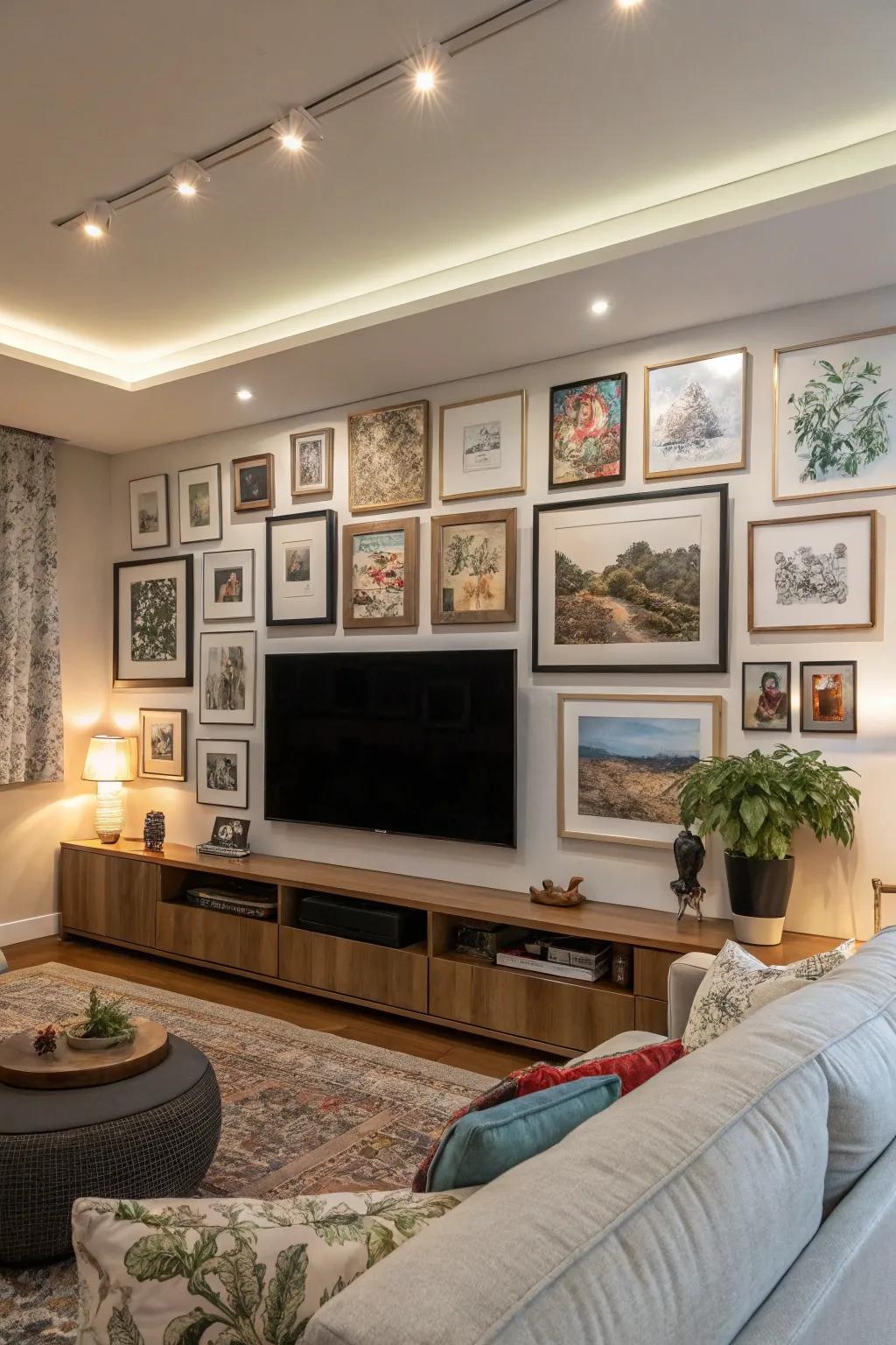 A display of art skillfully integrates the TV into the decor.