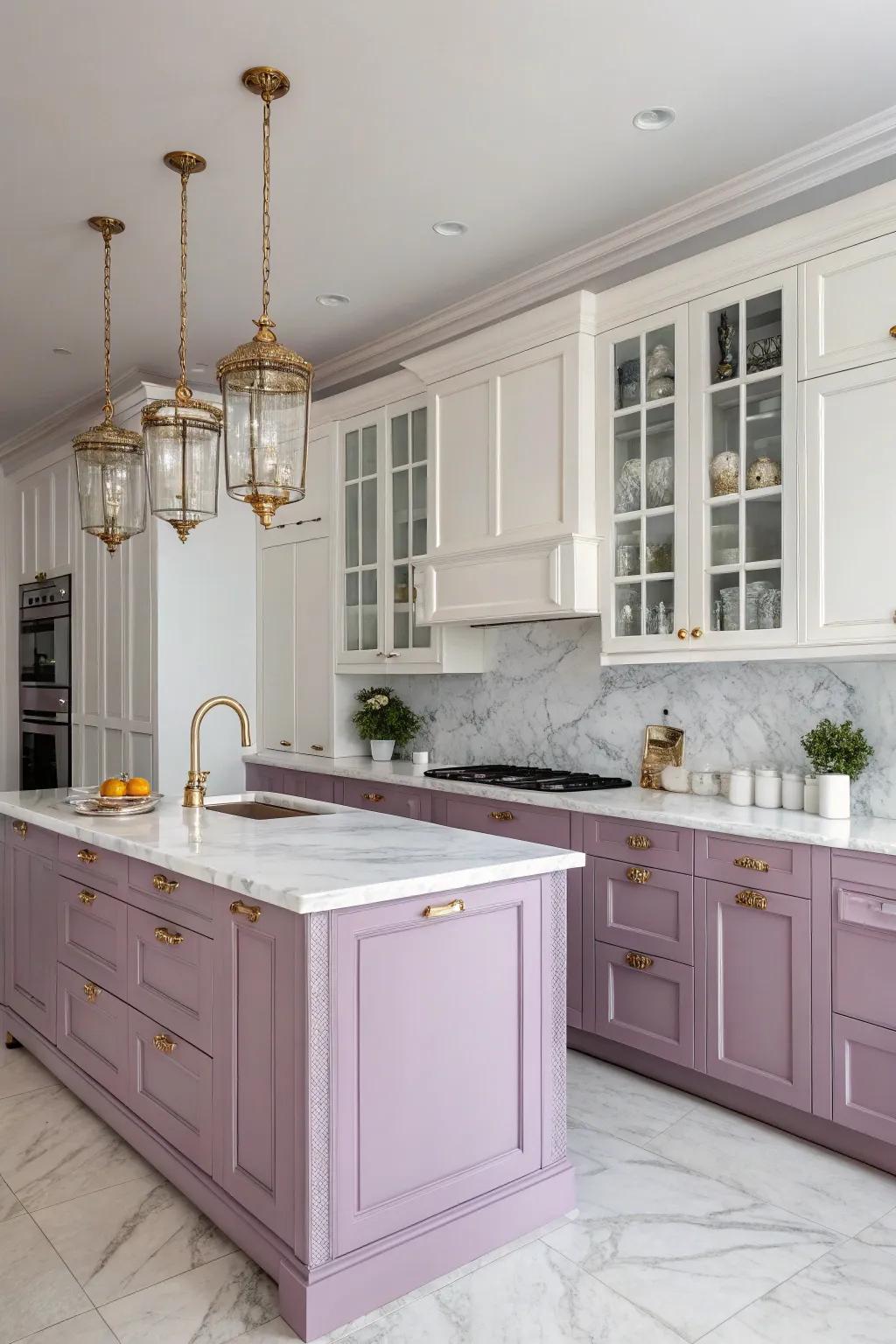 An elegant lilac and alabaster kitchen for a refined visage.