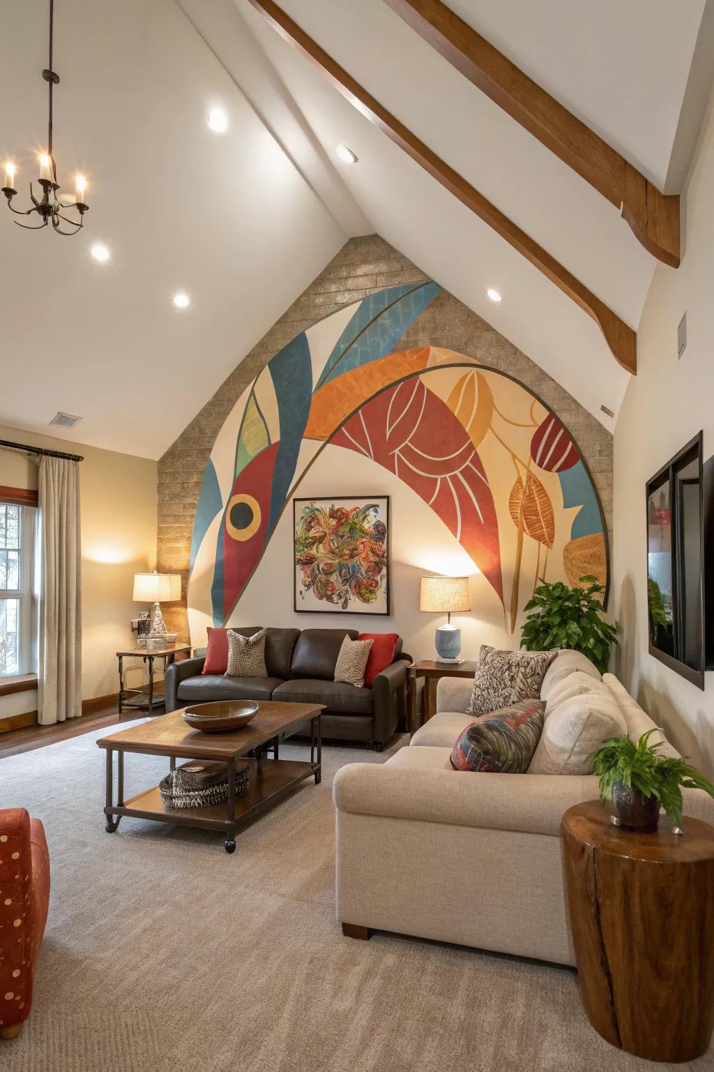Living room featuring a vaulted ceiling and non-figurative mural accent wall