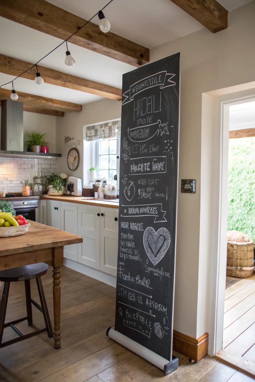 An interactive writing surface display provides a dynamic element to a family kitchen.