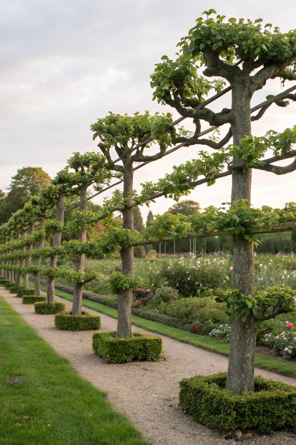 Espalier trees fashioning an artistic animated sculpture.