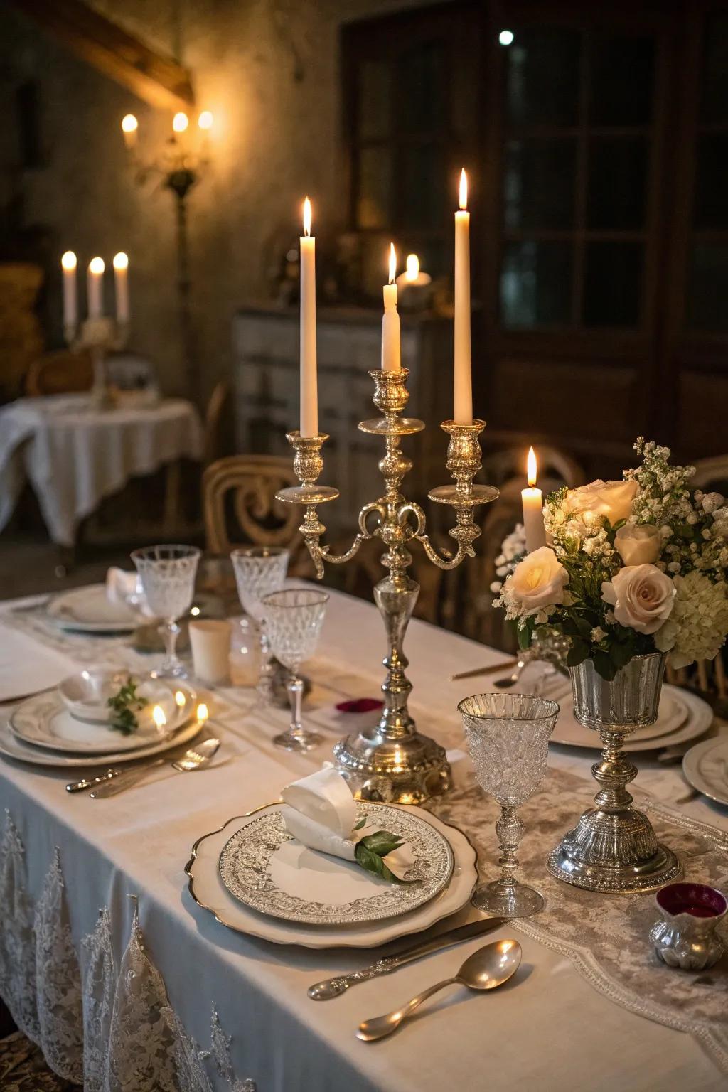 Candles and candle stands create a timeless glow at retro gatherings.