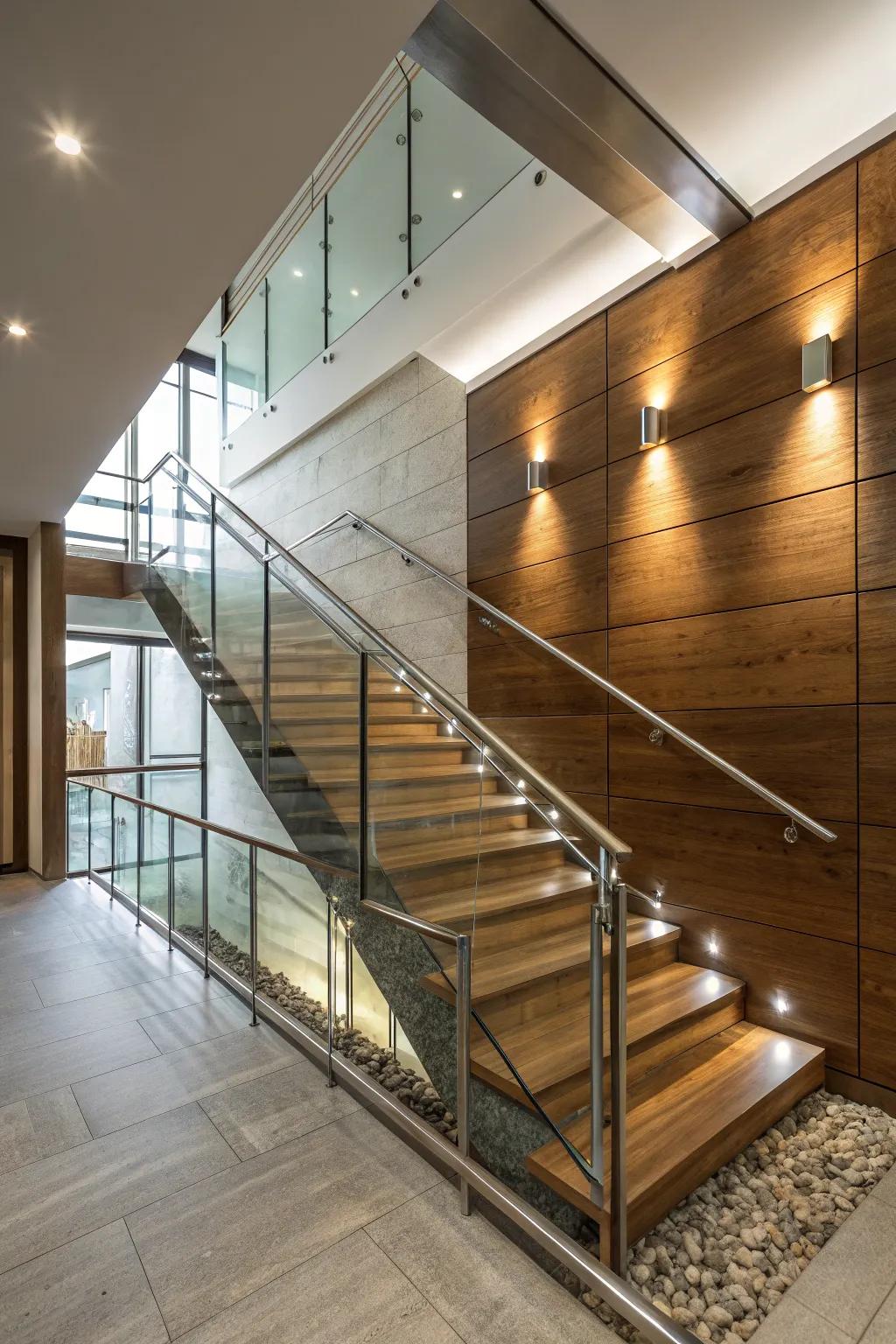 The strategic use of differing mediums is capable of enriching your stairway wall with spatial perception.