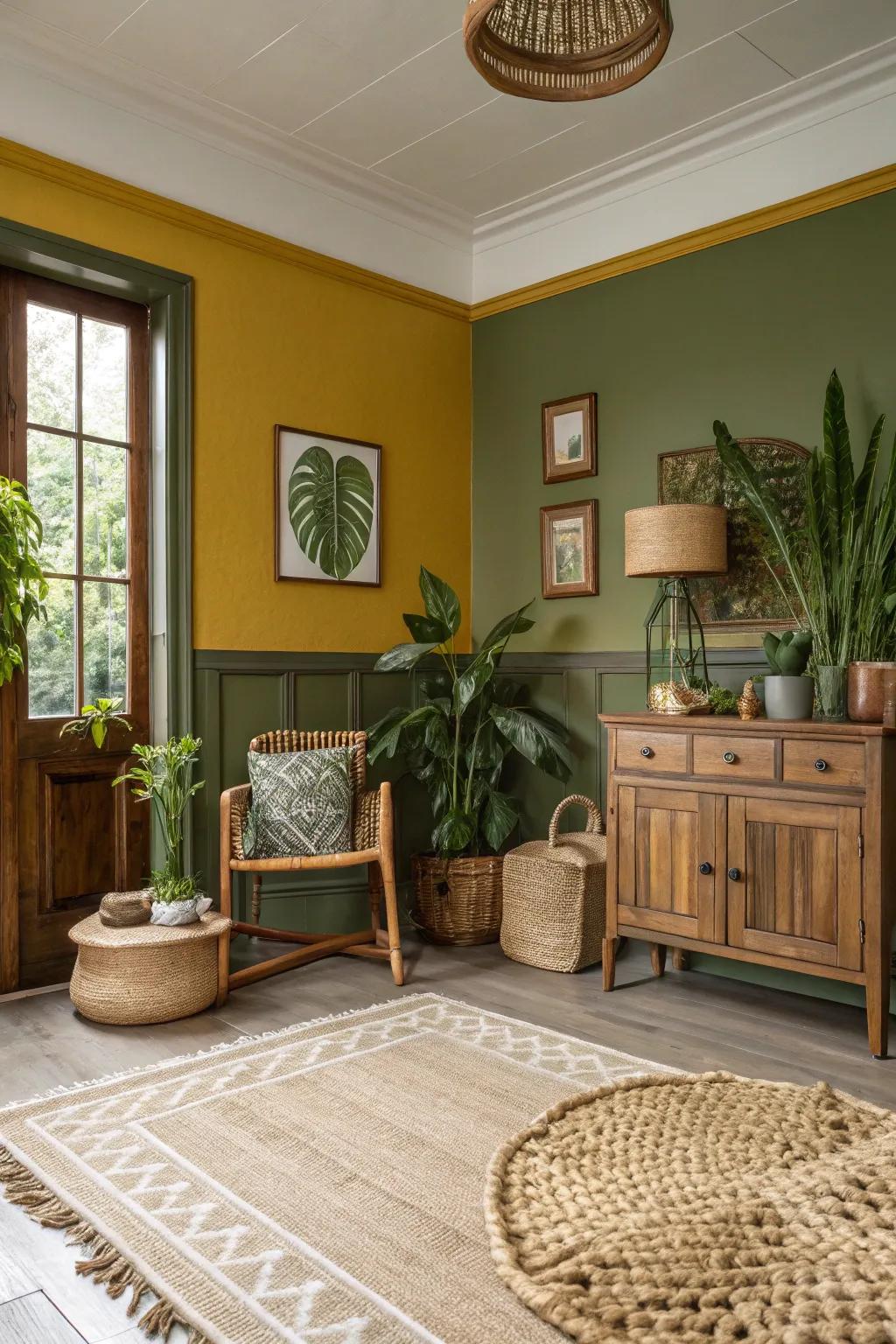 Earthy and welcoming with forest walls and mustard trim.
