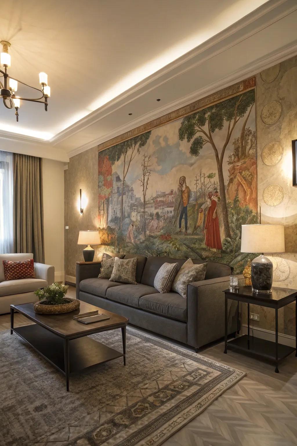 Artistic wall paintings fashion captivating focal elements in living environments.