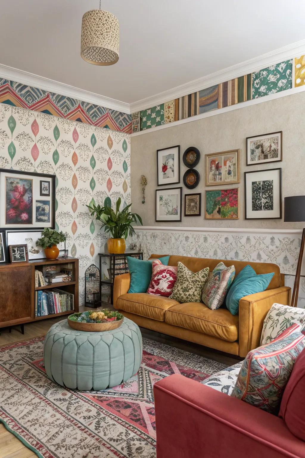 An varied living room with a mixed pattern wallpaper edging reflecting personal style.