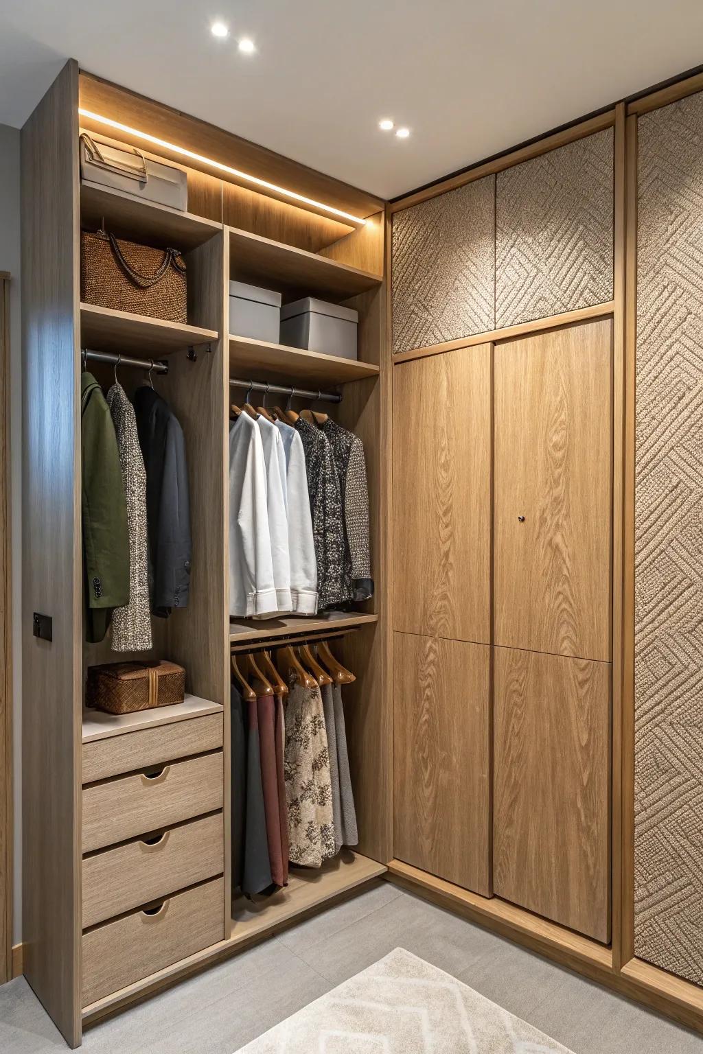 Textured surfaces create a rich, tactile experience in your closet.