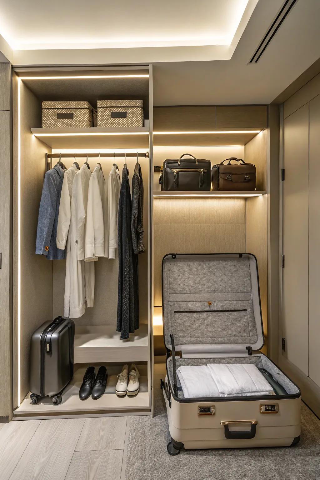 A designated travel bag area maintains an organized wardrobe.