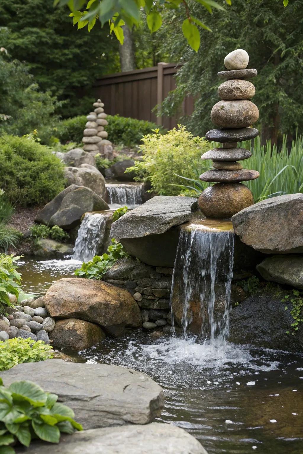 An intriguing garden waterfall featuring stones that seem to float in mid-air.