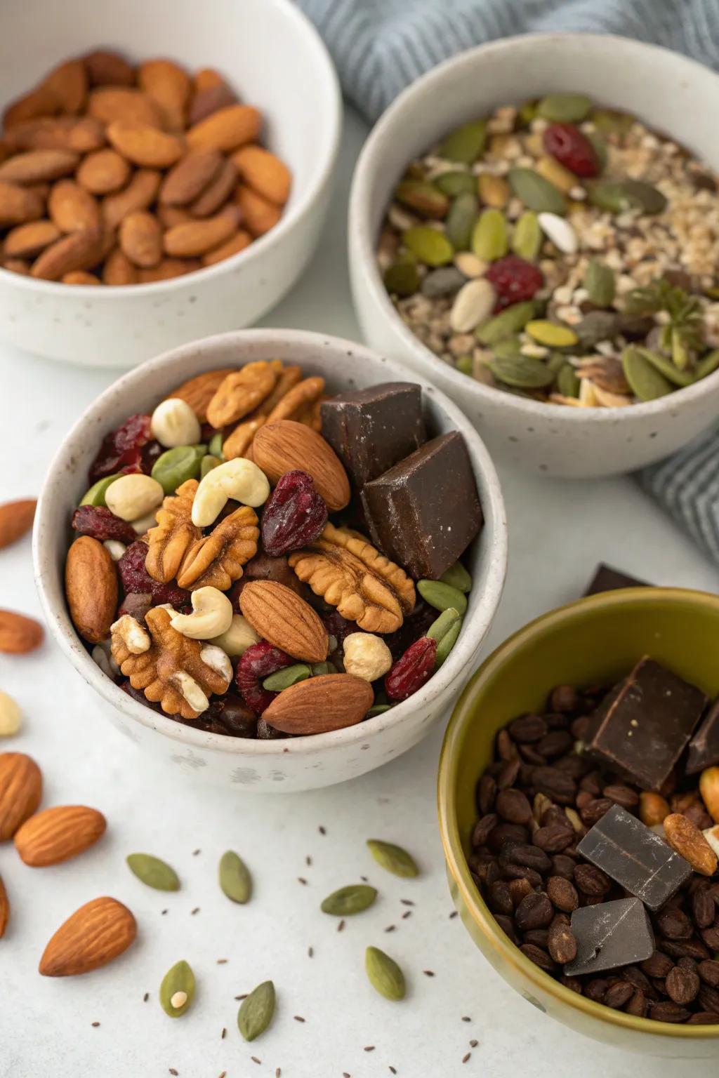 A delightful mix of nuts, seeds, and chocolate for a gourmet trekking mix experience.