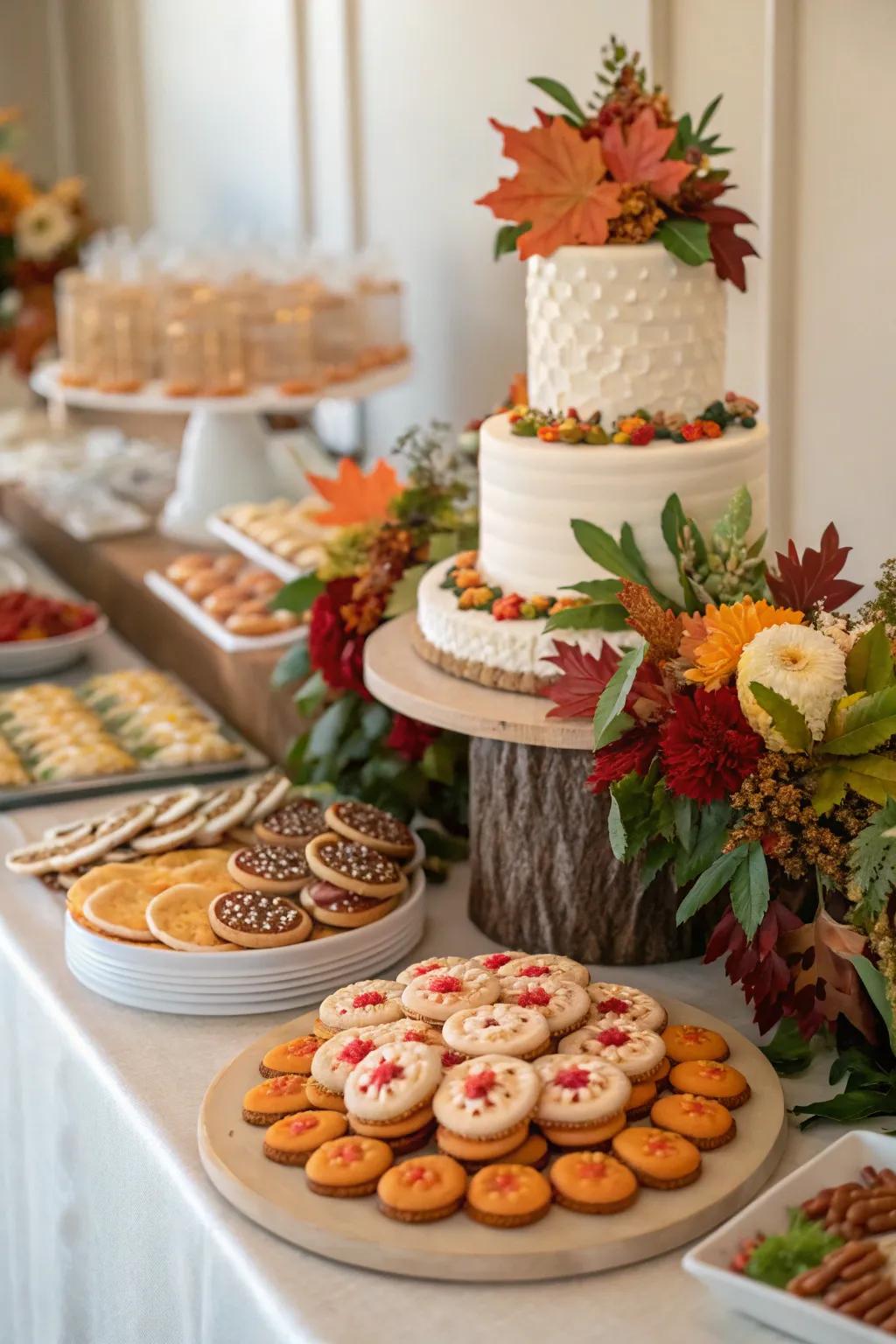 Seasonal decorations append a timely feature to a wedding cookie arrangement.