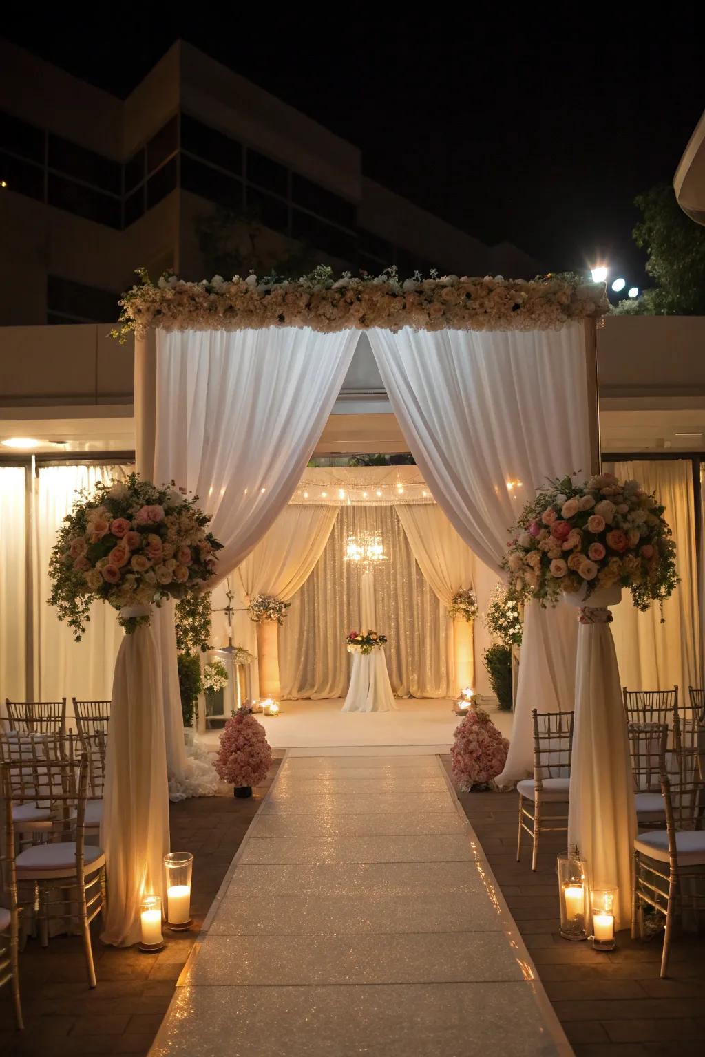 A wedding venue transformed with drapery, fashioning an intimate and amorous atmosphere.