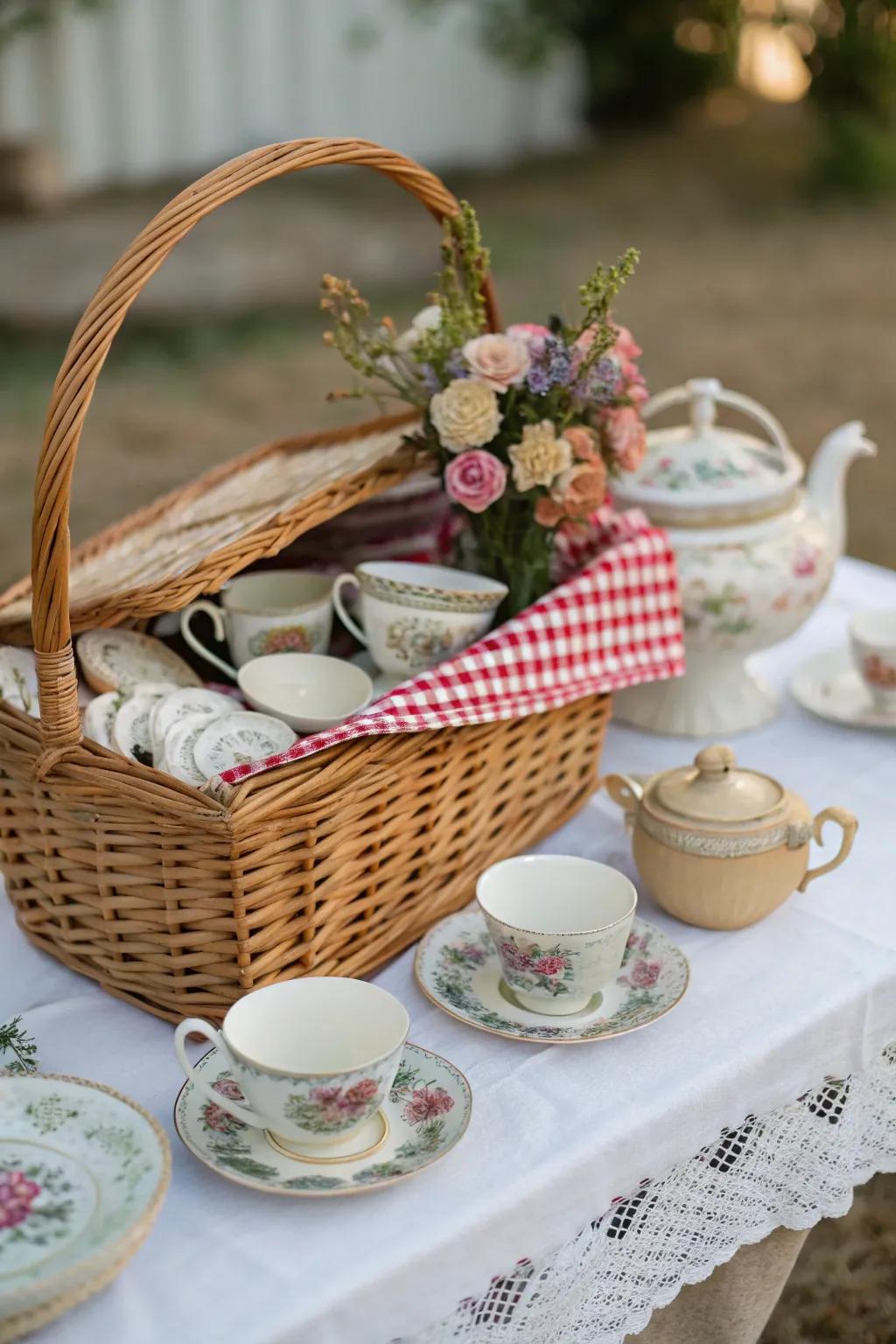 A basket showcasing tea essentials forges a captivating configuration for a delightful tea moment.
