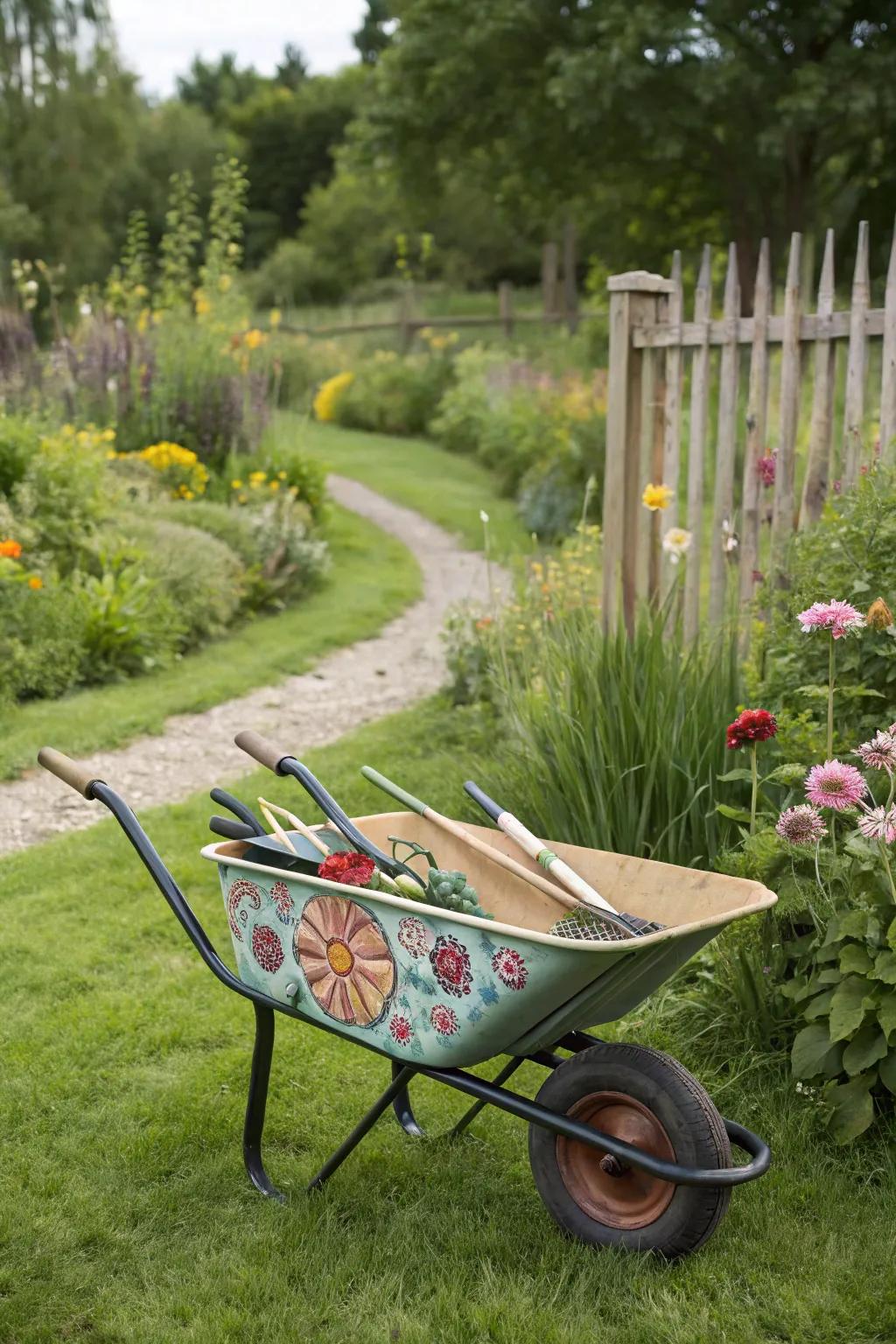 Demonstrate creativity through use of a painted wheelbarrow.