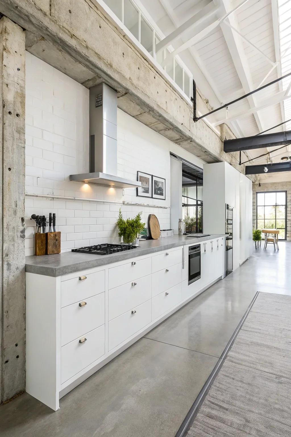 Unexpected materials like concrete append an industrial chic vibe to the white kitchen.