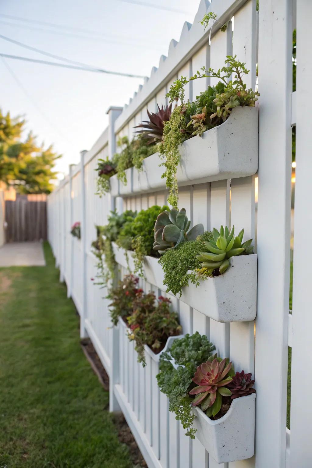 A vertical garden gracing a white fence constitutes a space-conserving approach for appending verdure.