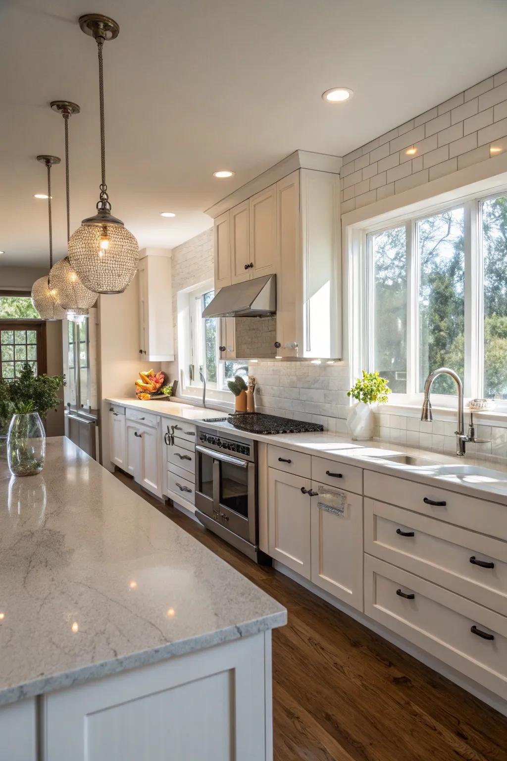 Stone backsplash perfectly enhanced in the kitchen via natural lighting.