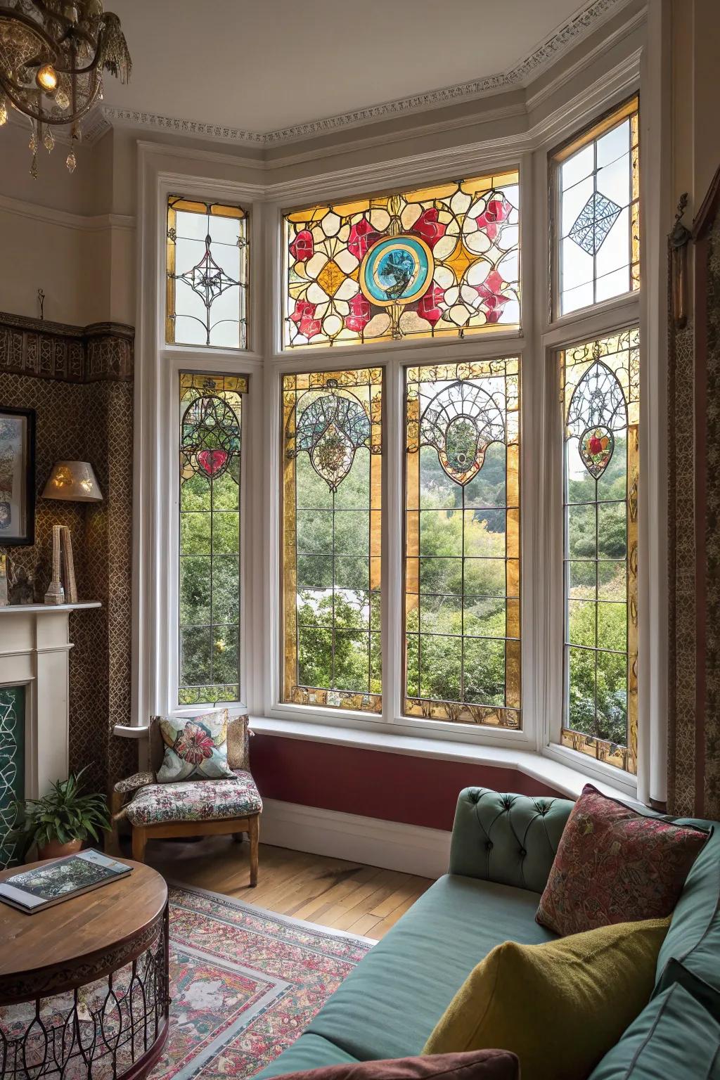 Inlayed glass adds artistic flair to bay windows.