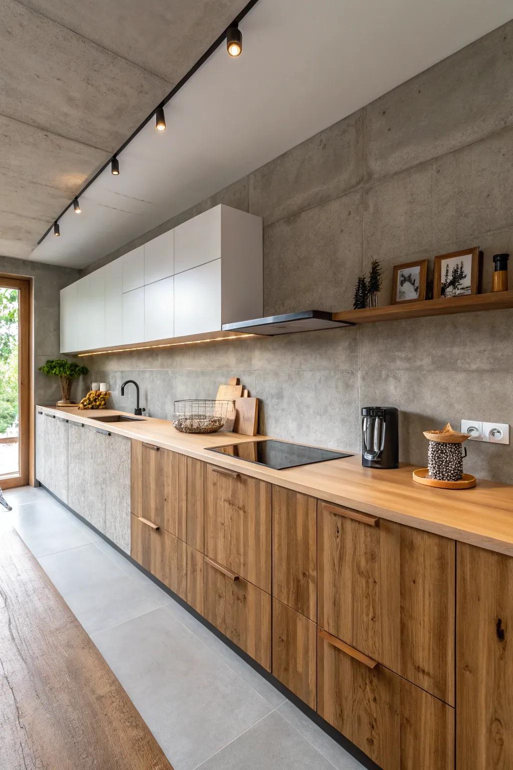 A contemporary contrast of wood and mortar in cooking area design.