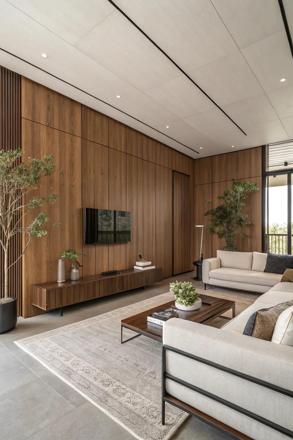 Sleek wood layering enhances simple decor beautifully.