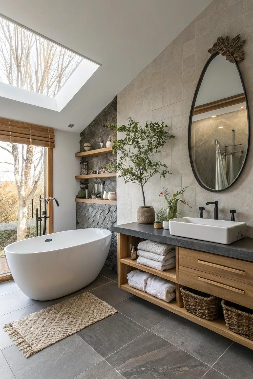 Asymmetry adds a dynamic and unexpected element to a zen bathroom.
