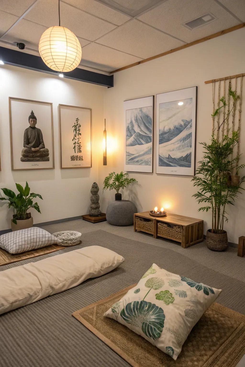Artistic presentation enhances the room's serenity and inspiration.