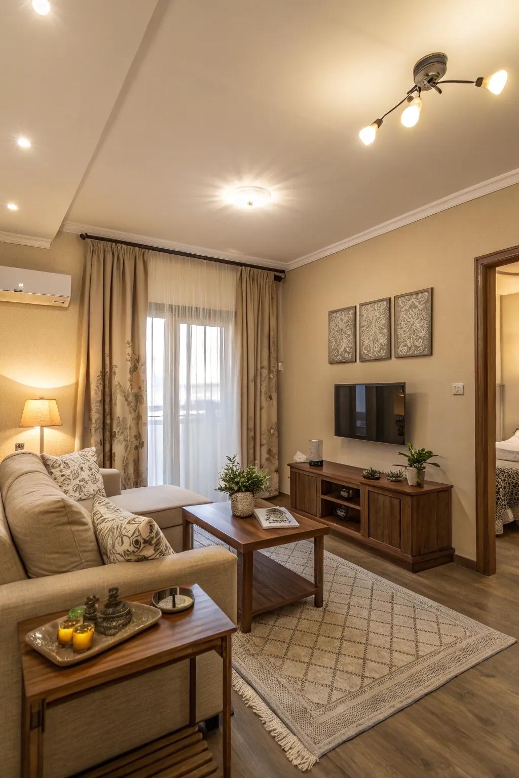 Neutral hues contribute peace and harmony to small quarters.