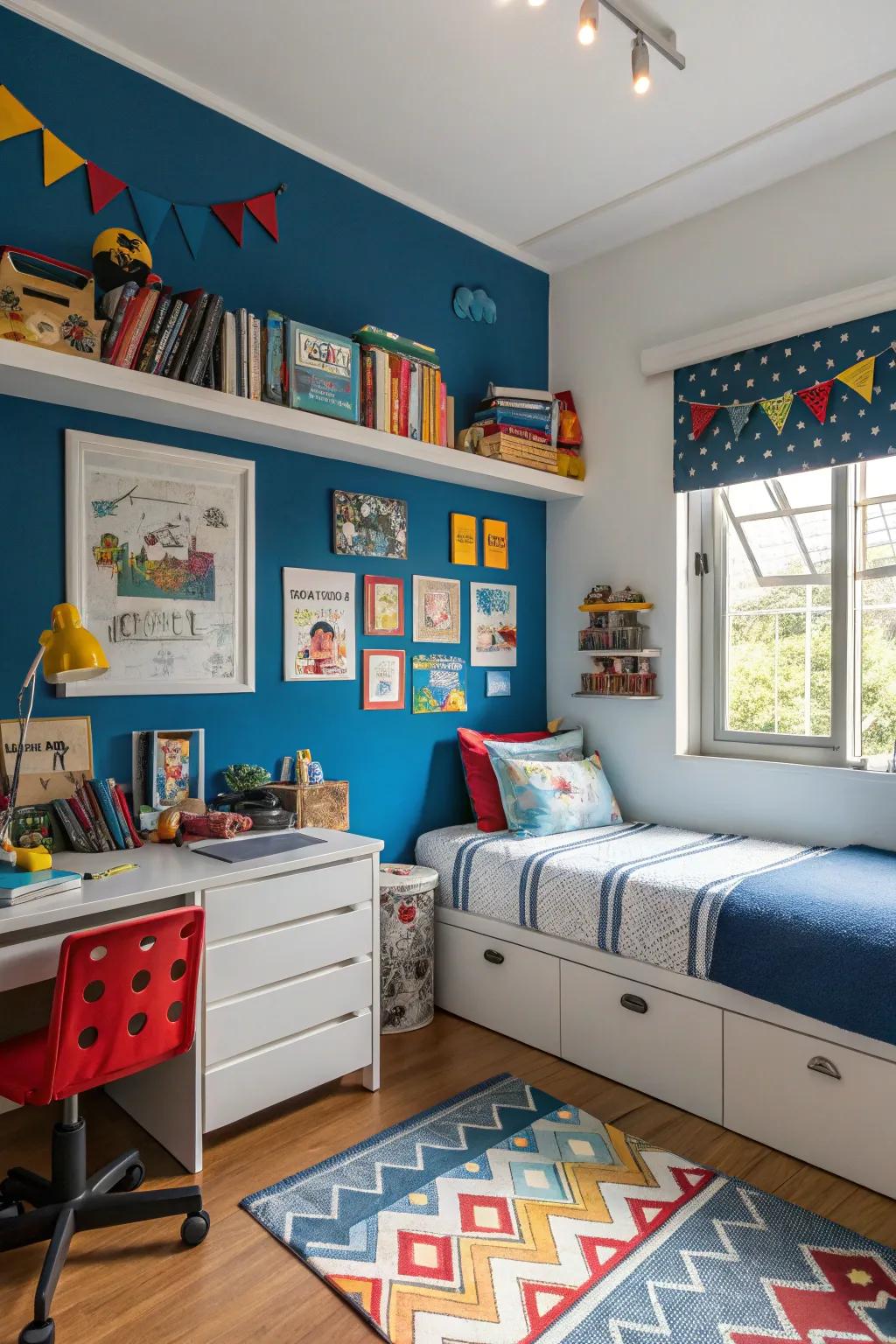 A striking blue feature wall amplifies energy and vibrancy in a boy's bedroom.