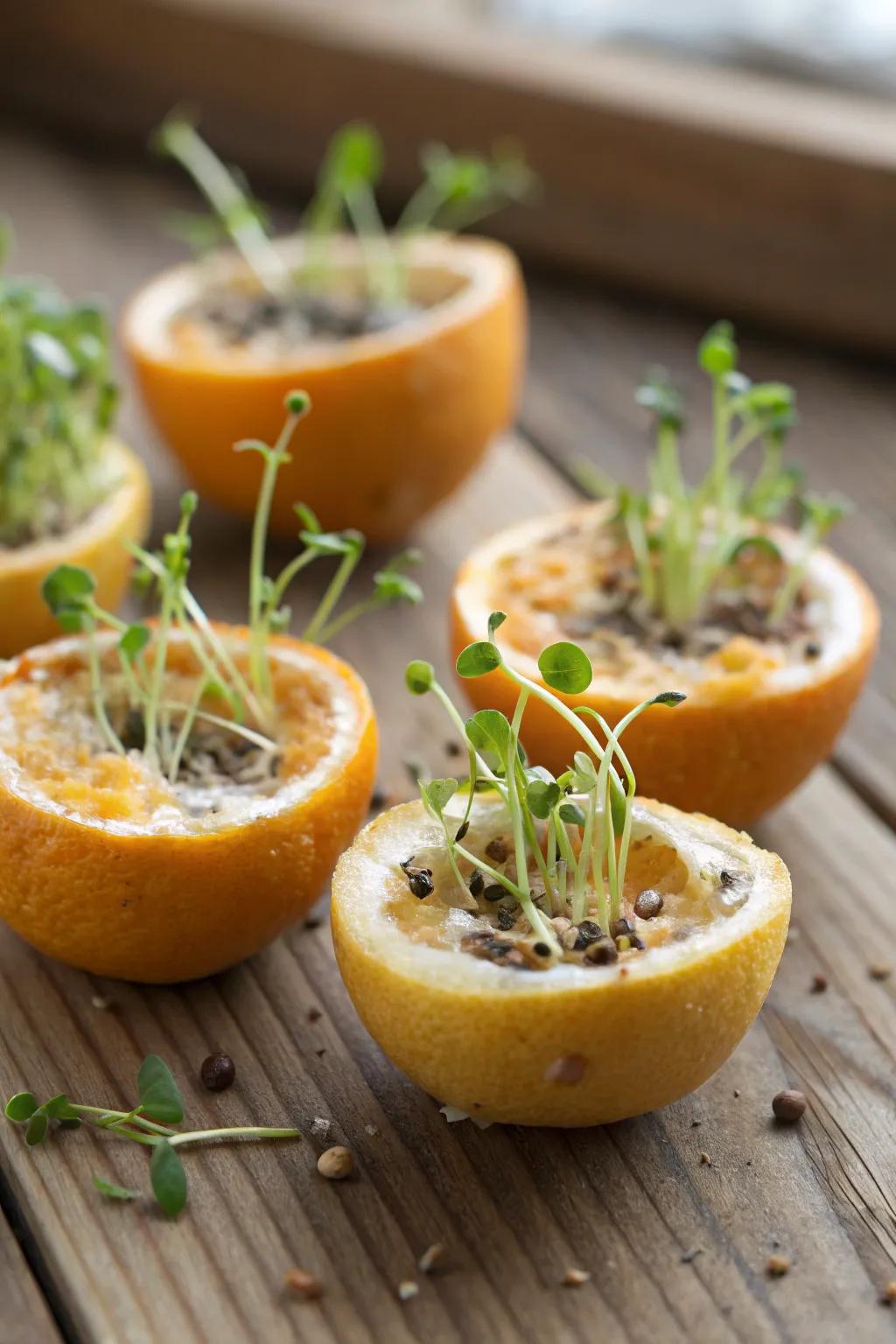Fruit peels serving as environmentally-sound seedling trays.