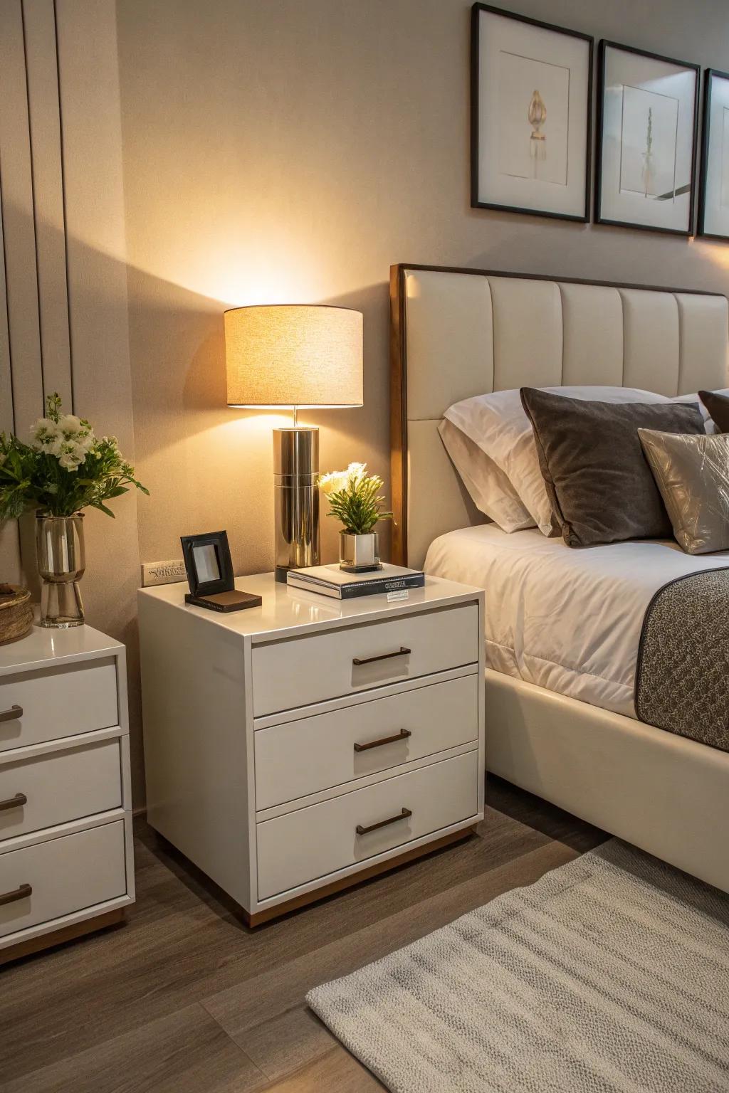 Bedside units with storage introduce both panache and utility.