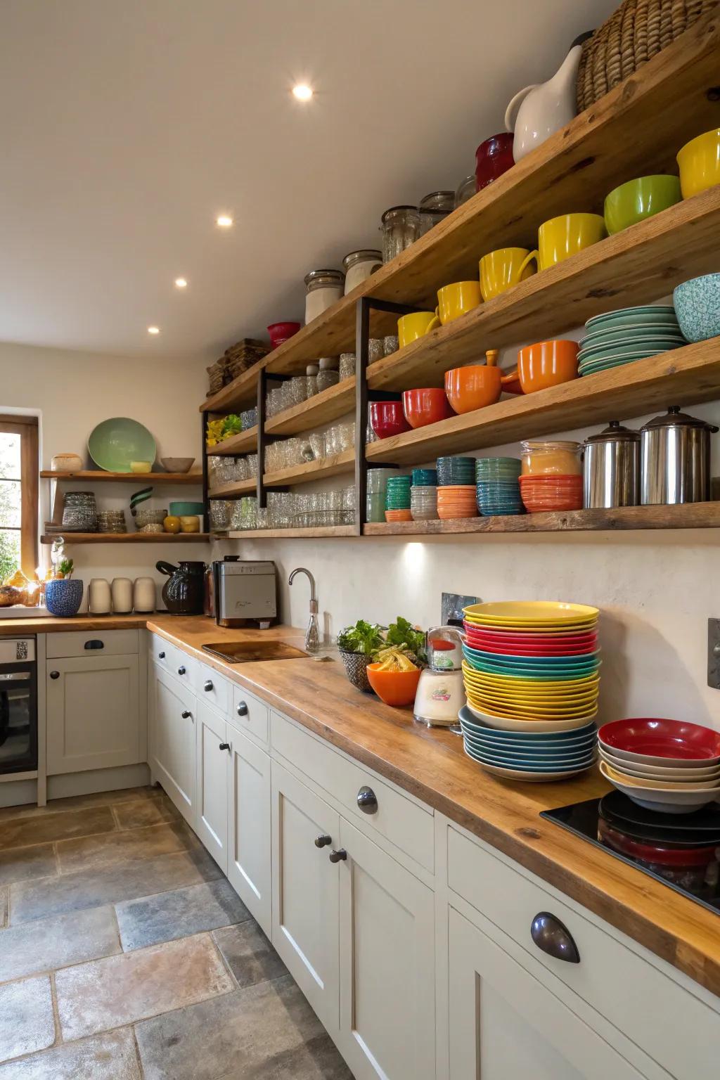 Open shelving introduces a hint of sophistication to a petite kitchen.